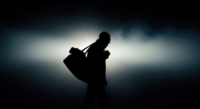 Mysterious silhouette of a man walking in darkness with a bag, suggesting a journey into the