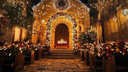 Festive church entrance adorned with Christmas lights and decorations at night. - Powered by Adobe