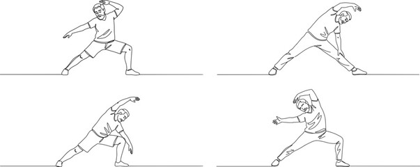 Line drawings of a person stretching in various poses on a transparent background  