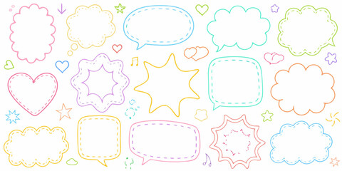 Collection of colorful hand drawn speech bubbles and decorative elements on a white background