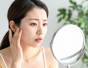 鏡を見て肌に悩む女性