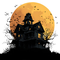 Eerie haunted house silhouette against a large, glowing orange moon, with numerous bats flying around the structure and bare trees.

