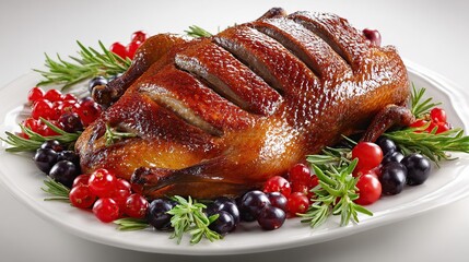 Roasted duck with sliced breast, garnished with berries and rosemary on white platter