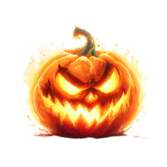 A carved jack-o'-lantern with a wicked grin and glowing eyes, surrounded by ethereal orange flames, isolated on a white background.
