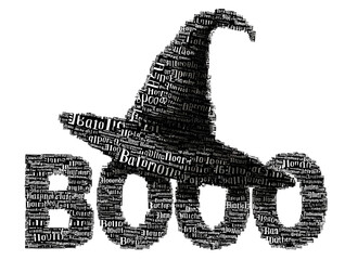 Halloween typography forming a witch's hat and the word "BOOO" against a white background. The text elements are densely packed and create a textured effect.

