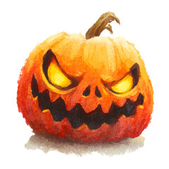 Scary jack-o-lantern with glowing eyes and a crooked smile, isolated on a white background. The illustration features a hand-drawn style with visible brushstrokes.

