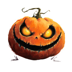 Spooky jack-o'-lantern with glowing yellow eyes and a crooked, menacing smile, isolated on a white background.
