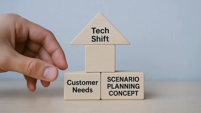 Business scenario planning strategy with professional hands holding wooden blocks for tech