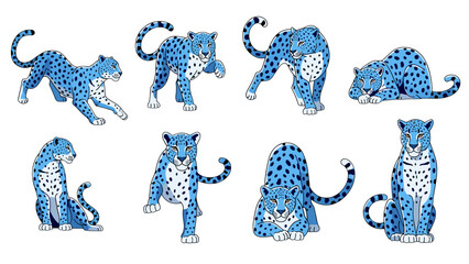 Cute Blue Snow Leopard Pixel Art Set of Eight Diverse Poses Isolated on Transparent Background