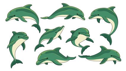 Playful green dolphins leaping and swimming gracefully isolated on transparent background