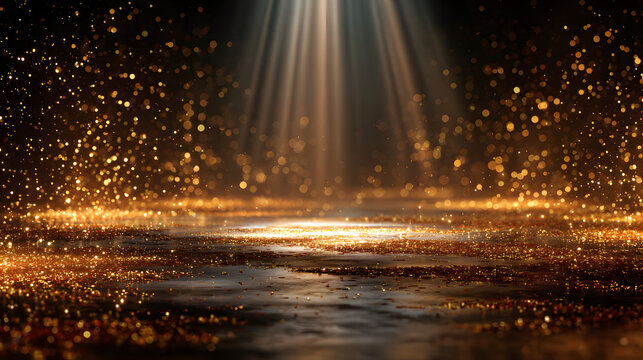 golden confetti shower cascading onto a festive stage, illuminated by a central light beam, mockup for events such as award ceremonies, jubilees, New Year's parties, or product presentations
