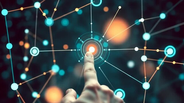 A futuristic network featuring human touch activates digital nodes and data links. A human finger touches the glowing center of a digital interface. 4k video