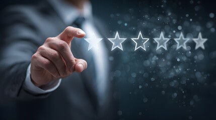 Customer Service Evaluation Concept. Users tap the smiley face icon on the virtual touchscreen. Quality review, feedback survey, highest five-star rating, market research, customer satisfaction.
