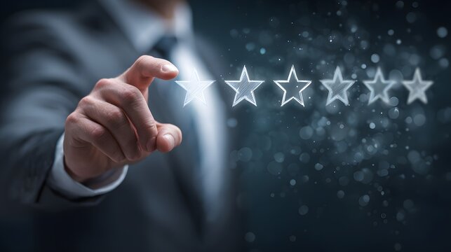 Customer Service Evaluation Concept. Users tap the smiley face icon on the virtual touchscreen. Quality review, feedback survey, highest five-star rating, market research, customer satisfaction.
