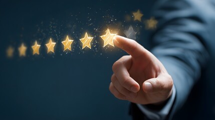 Customer Service Evaluation Concept. Users tap the smiley face icon on the virtual touchscreen. Quality review, feedback survey, highest five-star rating, market research, customer satisfaction.
