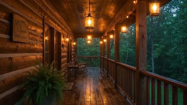 Cozy log cabin porch illuminated by vintage lanterns, surrounded by lush greenery at dusk