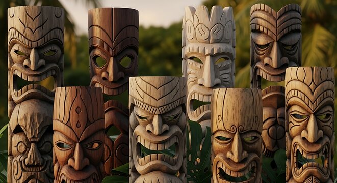 Collection of Polynesian Tiki Masks Carved from Wood.