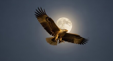 Fototapeta premium Majestic flight: Golden eagle soars against the ethereal glow of the full moon