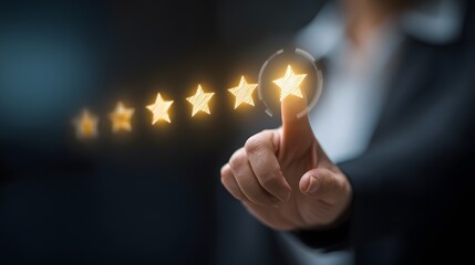 Customer Service Evaluation Concept. Users tap the smiley face icon on the virtual touchscreen. Quality review, feedback survey, highest five-star rating, market research, customer satisfaction.
