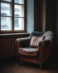 Cozy Vintage Armchair Near Window in Dimly Lit Room Interior