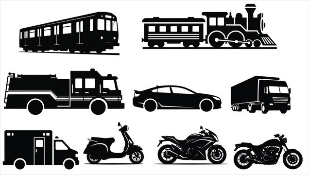 Black silhouette collection of diverse vehicles including trains cars trucks and motorcycles subway train