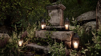 Stone monument, overgrown with vegetation, lit by lanterns