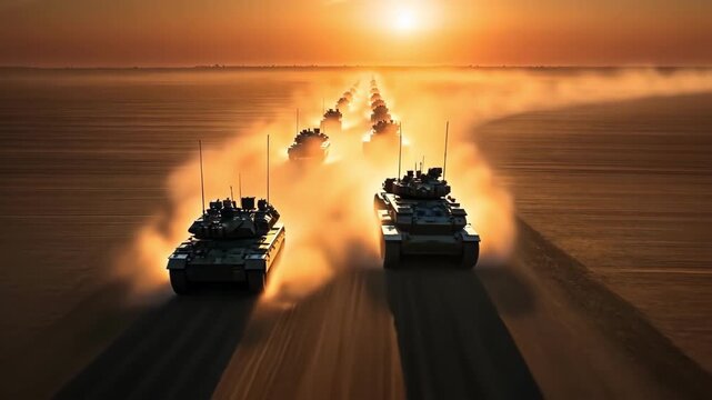Convoy of tanks moving through the desert at sunset, creating a dramatic scene.