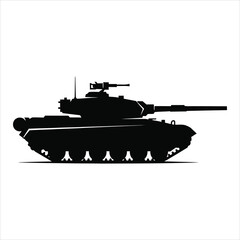 Fototapeta premium Black silhouette of a military tank with a turret and gun on a white background army vehicle