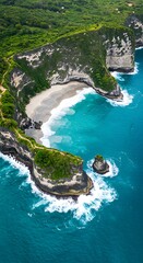 Aerial View of Turquoise Ocean Cliffside Beach Lush Greenery Dramatic Coastline.