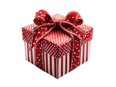 Red and white polka dot gift box with bow, Isolated On White, Png Transparent