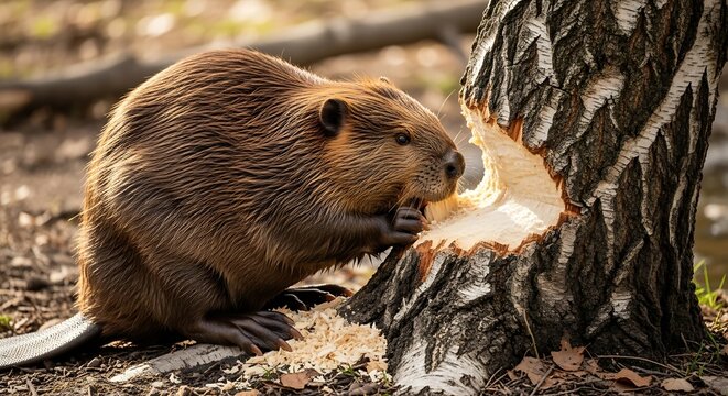 Beaver gnawing on tree trunk in forest.