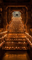 Ancient Temple Stairway Illuminated by Thousands of Tiny Candles.