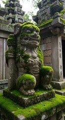 Ancient MossCovered Stone Guardian Statue at Japanese Temple Entrance.