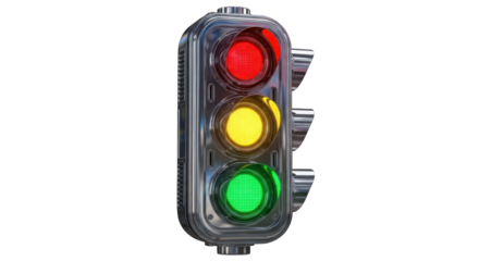 Shiny Metallic Traffic Light with Red Yellow Green Signals.