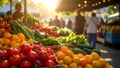 Busy farmers market with fresh produce