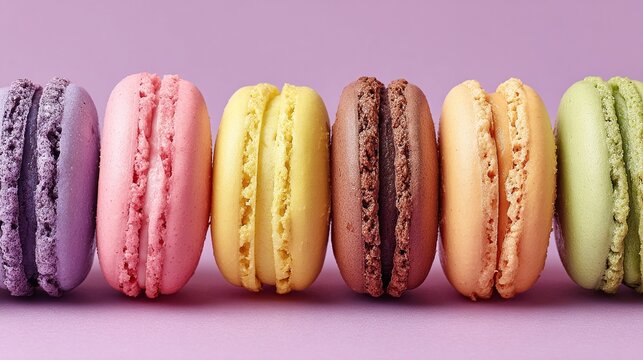 Row of colorful macarons against a lavender background, in a studio shot