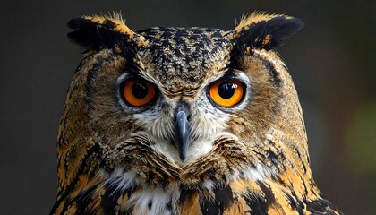 Close-up portrait of an owl's striking face, showcasing intricate plumage patterns and bright orange eyes against a dark background.