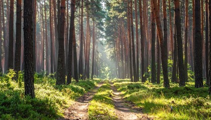 Naklejka premium A sun-drenched path winds through a dense pine forest, bathed in morning light.