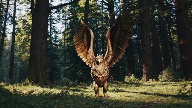 Majestic griffin in a forest, wings spread wide. Captured from a low-angle, creating a cinematic video game fantasy style.