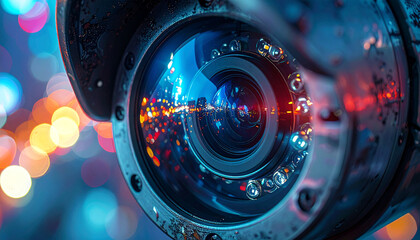 Security Camera in City: Close-up of a security camera with its lens reflecting the vibrant lights and energy of the city night life, creating a dynamic image of protection and vigilance. 