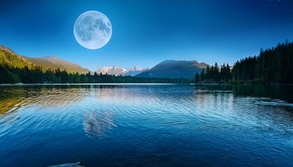 Serene Moonlit Lake Landscape With Tranquil Waves Mountains And Forest
