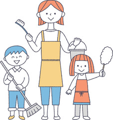 掃除道具を持っている親子