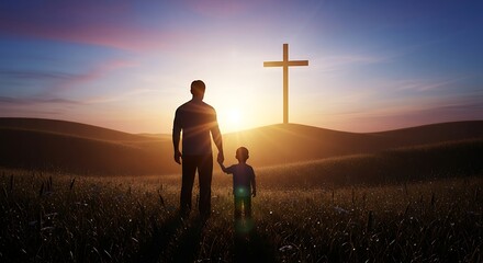 Resurrection of Easter Sunday Concept — Silhouettes of Father and Son Looking Toward the Cross on a Meadow at Sunrise, Symbolizing Faith, Hope, and Renewal