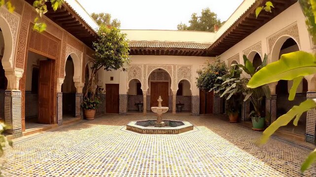 Beautiful Moroccan Courtyard with Fountain and Lush Greenery.