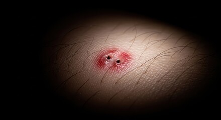 Close-up human skin with two visible puncture wounds and redness around the injury area