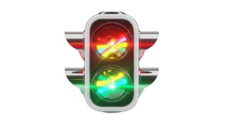 Modern Traffic Light with Illuminated Red Yellow and Green Lights.