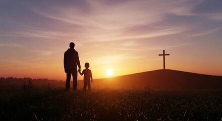 Resurrection of Easter Sunday Concept — Silhouettes of Father and Son Looking Toward the Cross on a Meadow at Sunrise, Symbolizing Faith, Hope, and Renewal