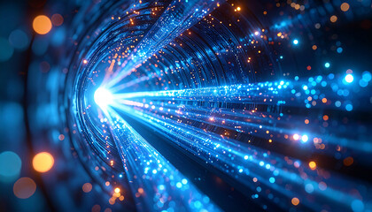 Fototapeta premium Digital Luminescence: An abstract digital depiction, radiating with radiant blue and orange light, evoking the essence of data streams and technology.