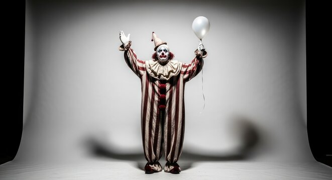 Eerie clown figure with painted face costume and balloon, standing with arms upraised on white