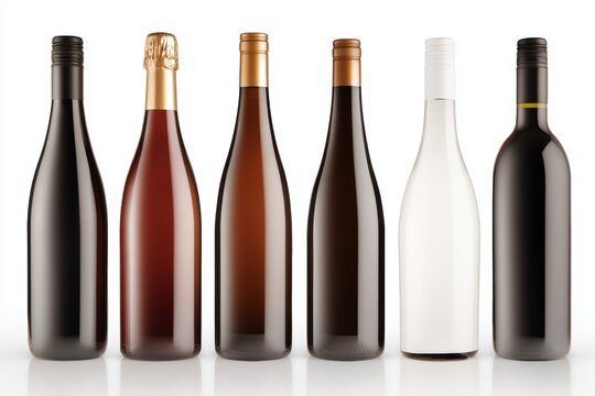 Assorted wine bottles displayed in a row with diverse caps and colors